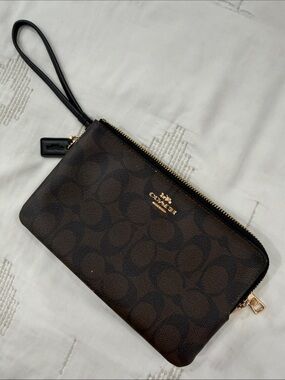 Coach Brown Monogram Zip Wristlet with Gold Hardware